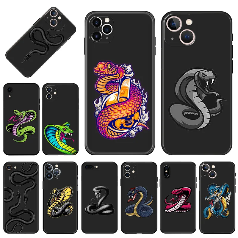 Silicone Soft Phone Case for iphone 16Plus 15 14 13 12 11 16 Pro Max Mini XR SE 7 8 Plus Snake Cobra Black Python Back Cover