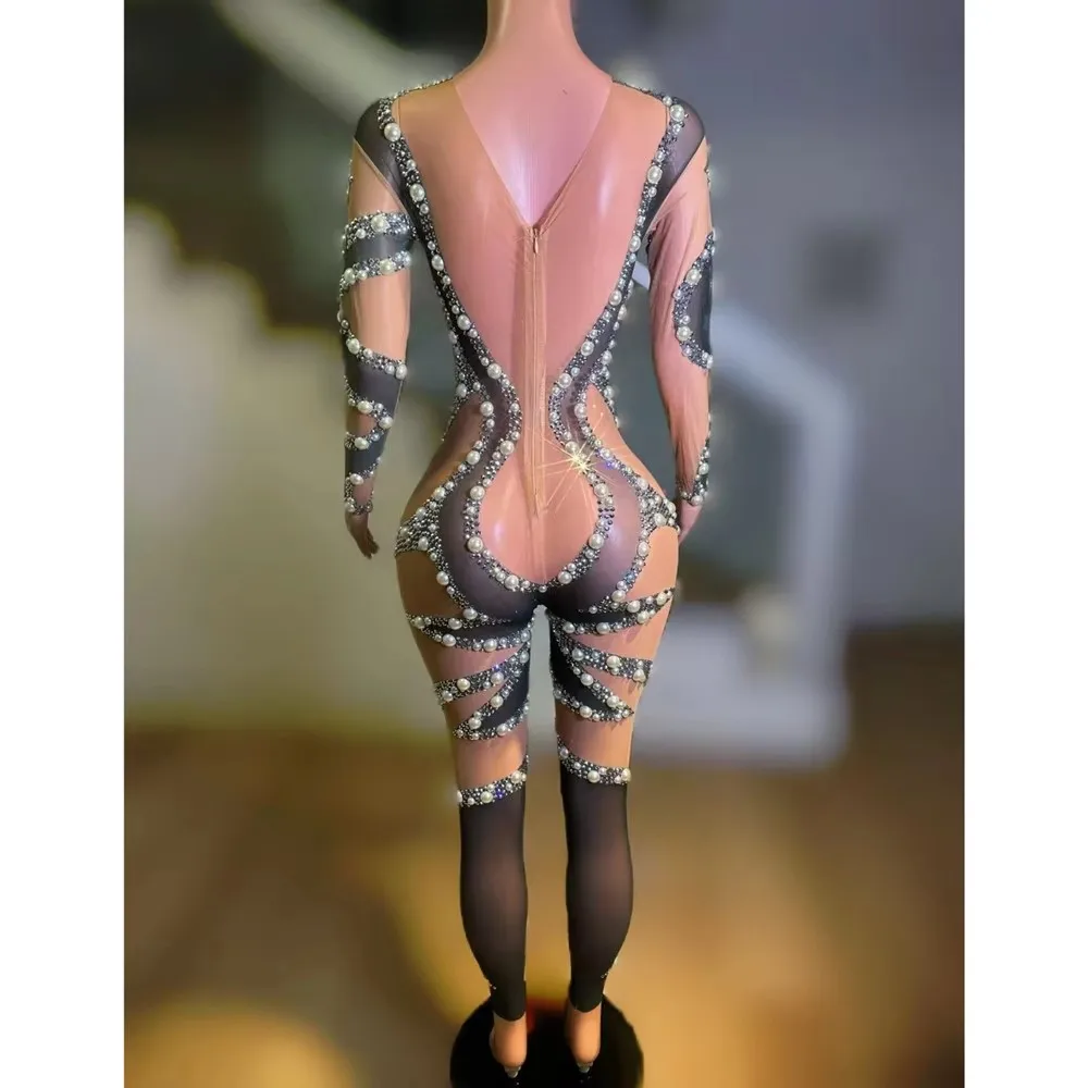 Frauen Sexy Mesh Perle Kristall Overall Hochwertige Bühne Leistung Trikot Nachtclub Party Sänger Tänzer Drag Queen Kostüm