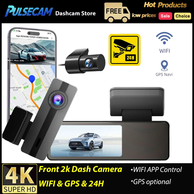 PULSECAM 2K/4K جهاز تسجيل فيديو رقمي للسيارات GPS مسجل سيارة 1440P مسجل فيديو واي فاي/التحكم في التطبيقات اختياري كاميرا خلفية للرؤية الليلية شاشة ركن السيارة