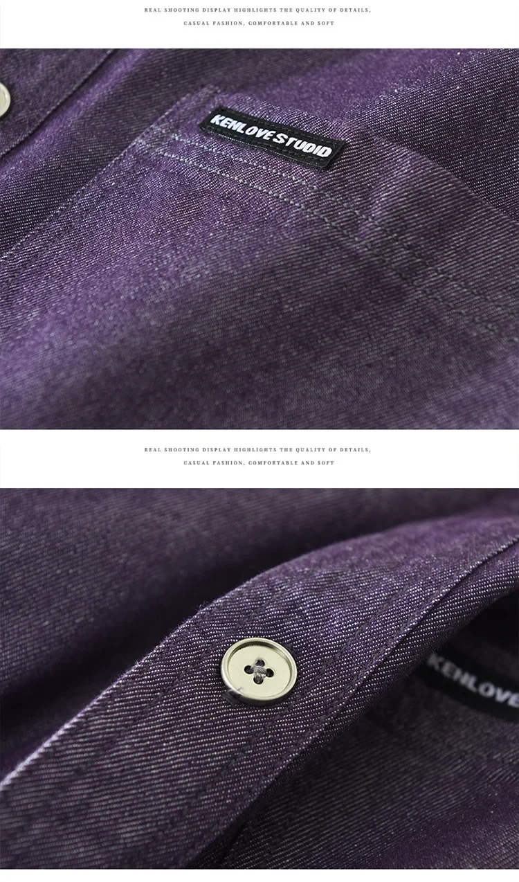 

Джинсовая рубашка в японском стиле, мужская весенне-осенняя уличная одежда, ретро фиолетовые джинсовые рубашки с карманами и лацканами, ковбойская рубашка из чистого хлопка, свободная рубашка