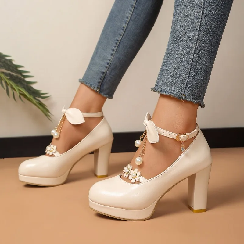 

Новые женские туфли на высоком каблуке с платформой и цветочным декором, корейская версия, весна 2026