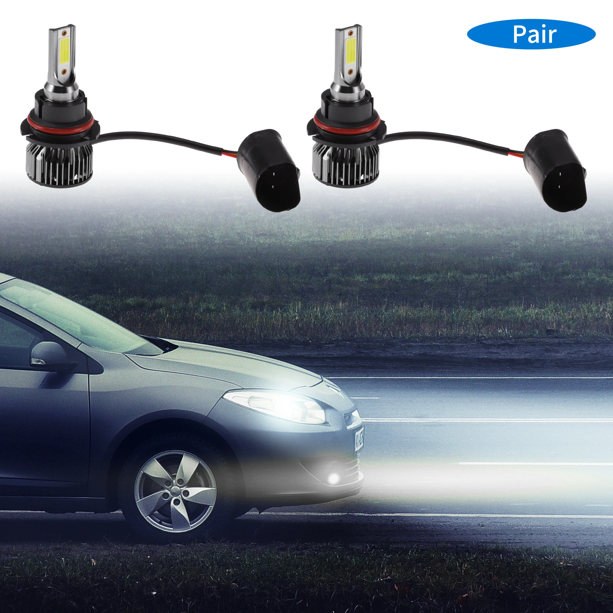 Motoforti 9007 LED Headlight Bulbs 6000lm 6000K for White Light No Flicker Driving Light 1pair