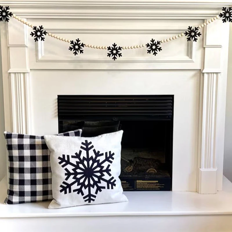1pc Black Snowflake Garland Home Handmade Wooden Bead Banner Festival Christmas Multifunctional Wall Hanging Decoration Banner