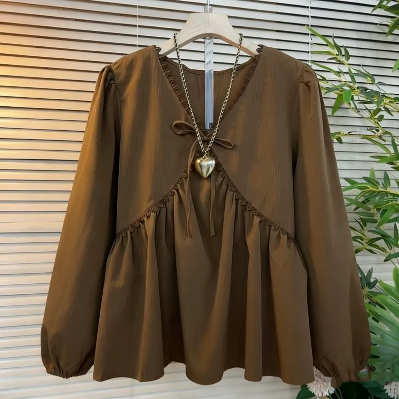 New Spring Autumn Splice Pleated V Neck Long Sleeve Shirt All Match Fashion Elelgant Loose Clothes Women Office Lady Tops