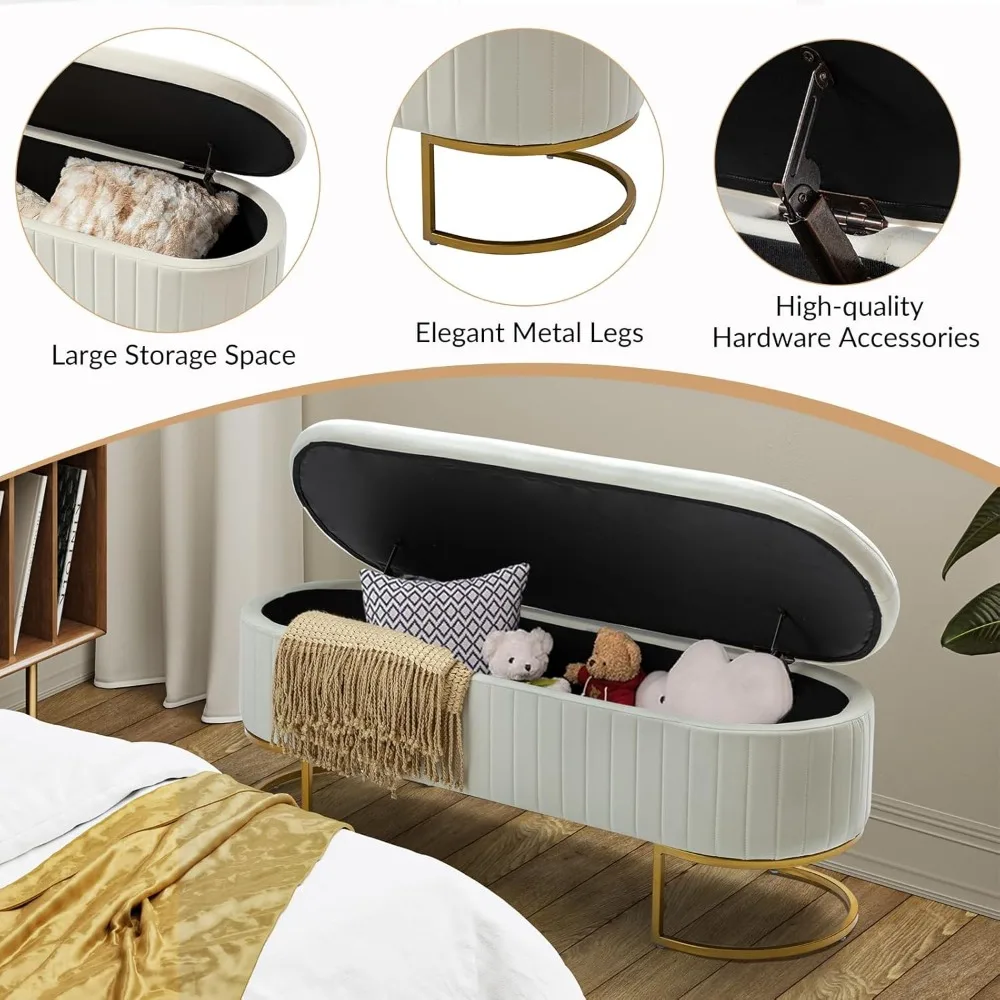 Бархатная скамья для хранения вещей с двумя дополнительными пуфиками, современная длинная скамья для хранения с откидной крышкой и золотым металлом