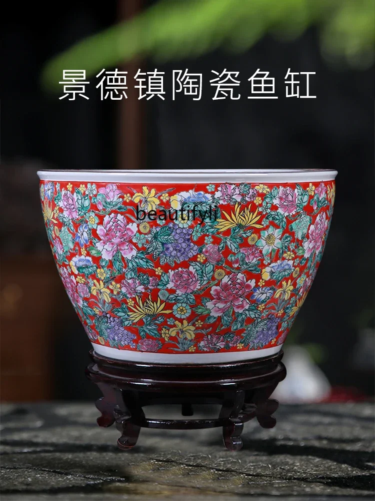 Ceramic Fish Tank Living Room Home Painting and Calligraphy Cylinder Large Lotus Flowerpot Lucky Decoration