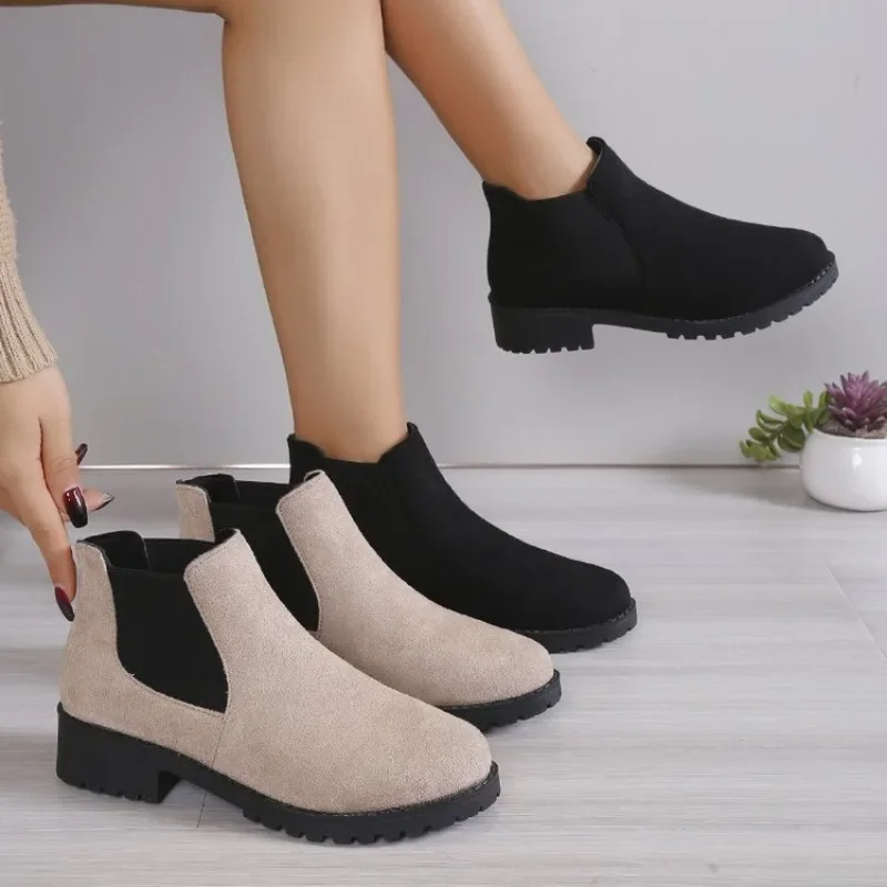 Spring Autumn Women\'s Square Heel Ankle Boots Elastic Band Round Toe Platform Boots for Women Ladies Flat Bottom Casual Shoes