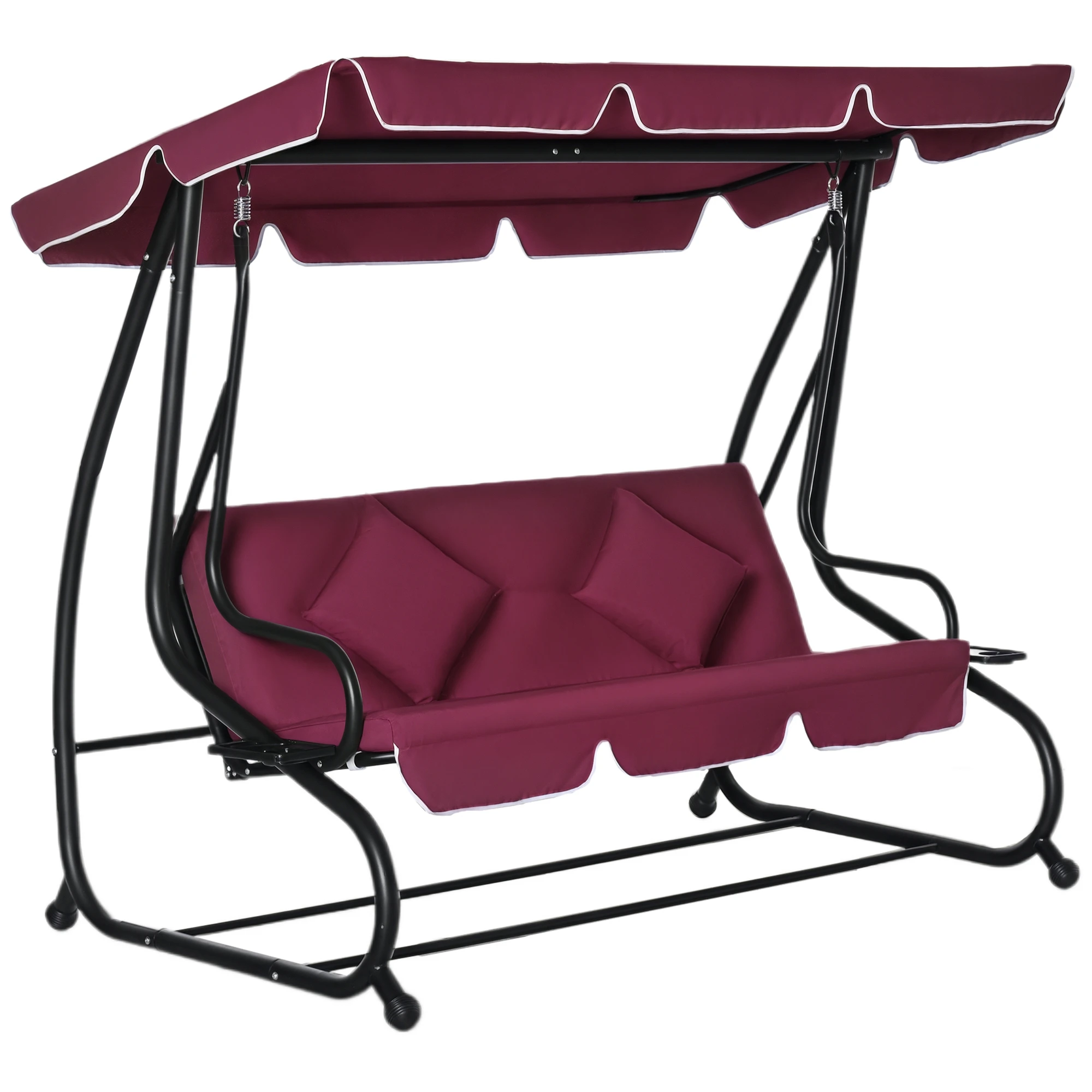 3-Seat Outdoor Patio Swing Chair, Converting Flatbed, Outdoor Swing Glider with Adjustable Canopy, Removable Cushion and Pillows, for Porch, Garden, Poolside, Backyard, Red