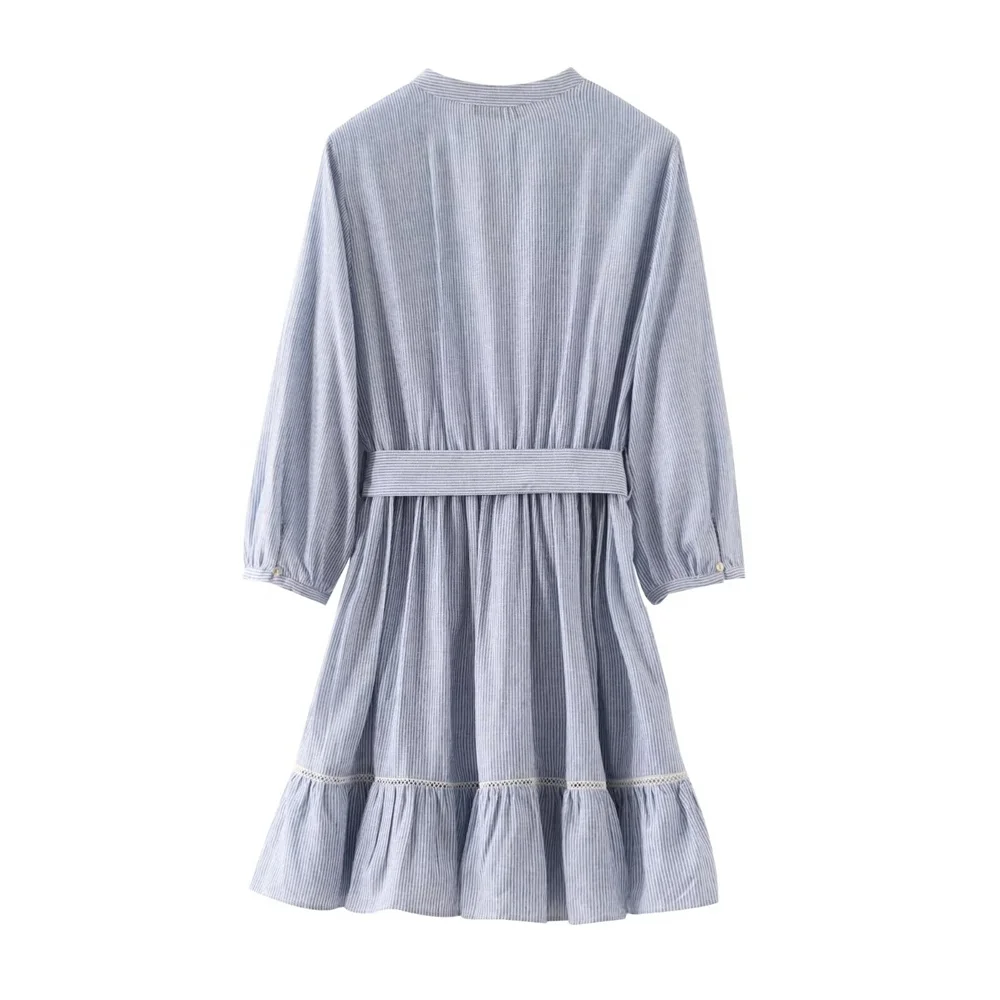 2024ZAR Summer New Women\'s European and American Long sleeved V-neck Linen Blended Vertical Lace Striped Mini Dress