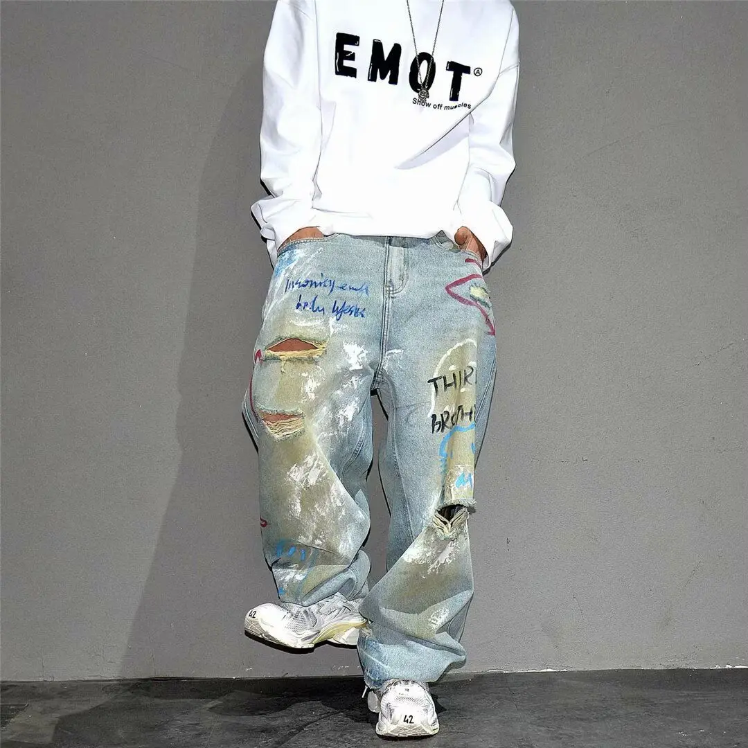 Men's Graffiti Design Blue Ripped Vibe Jeans Cool Boy Street Bottoms Casual Pants Fashion Wide Leg Trousers Male Sweatpants