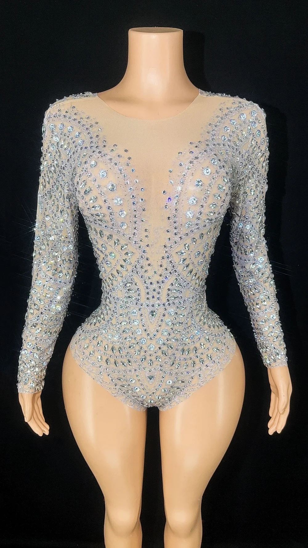 Sparkly strass body manica lunga per le donne Sexy Mesh Stretch Dance Costume Performance Stage Wear Photo Shoot Dress