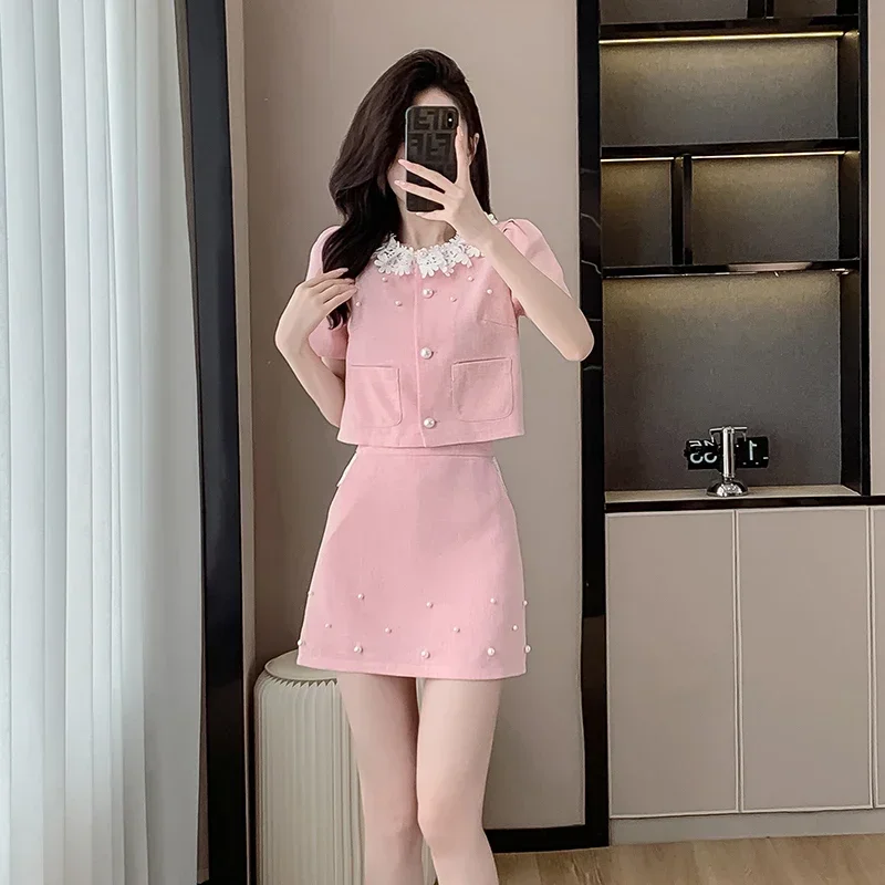 French Small Fragrance Korean Sweet Two Piece Set For Women Coat Tops + Skirt Suits Ladies Summer Elegant 2 Piece Sets Outfits