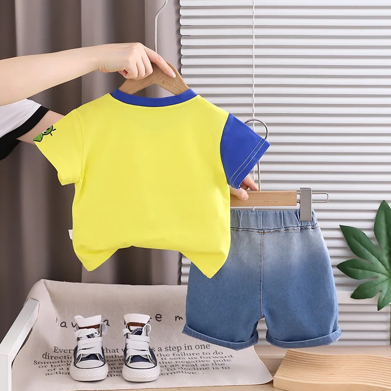 Kids Clothes Set 2026 New Baby Boy Clothes Summer Excavator Print Short Sleeve T-shirt + Denim Shorts Toddler Boys Casual Outfit