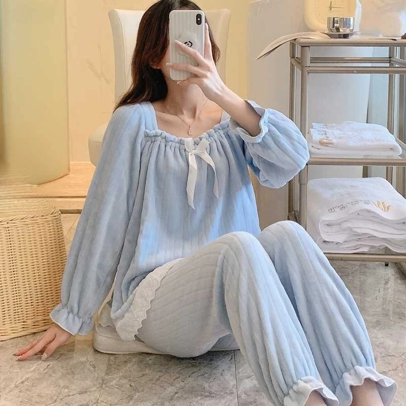 2024 neue Korallen samt Pyjamas Frauen Frühling Herbst Nachtwäsche Student Langarm Winter Homewear Flanell Plus Size Lounge wear Set