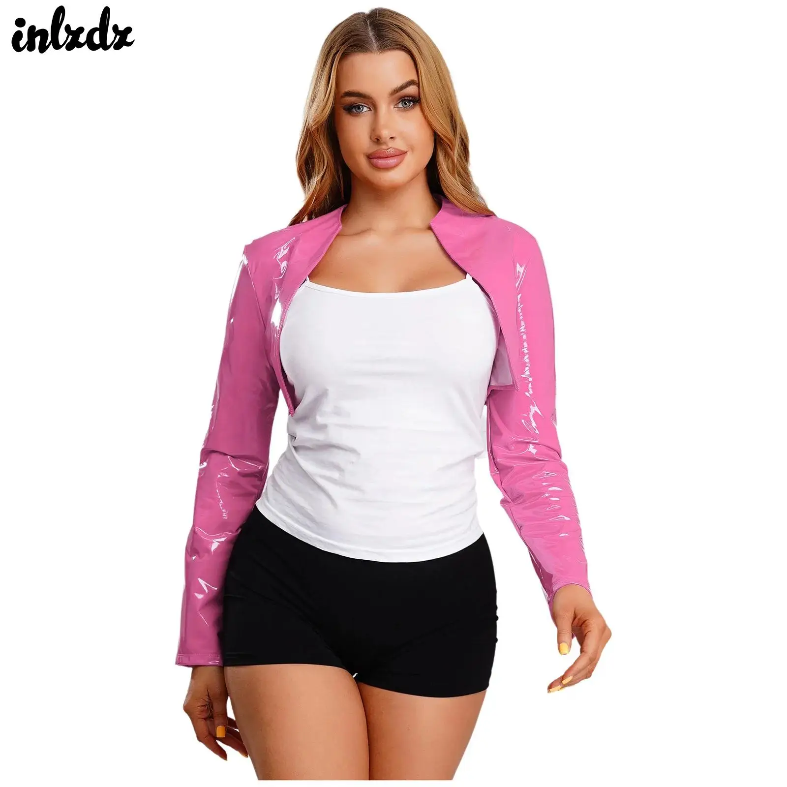 

Womens Motor Biker Cropped Jackets Tops PU Leather Open Front Long Sleeve Unlined Crop Tops Disco Rave Pole Dance Tops Clubwear