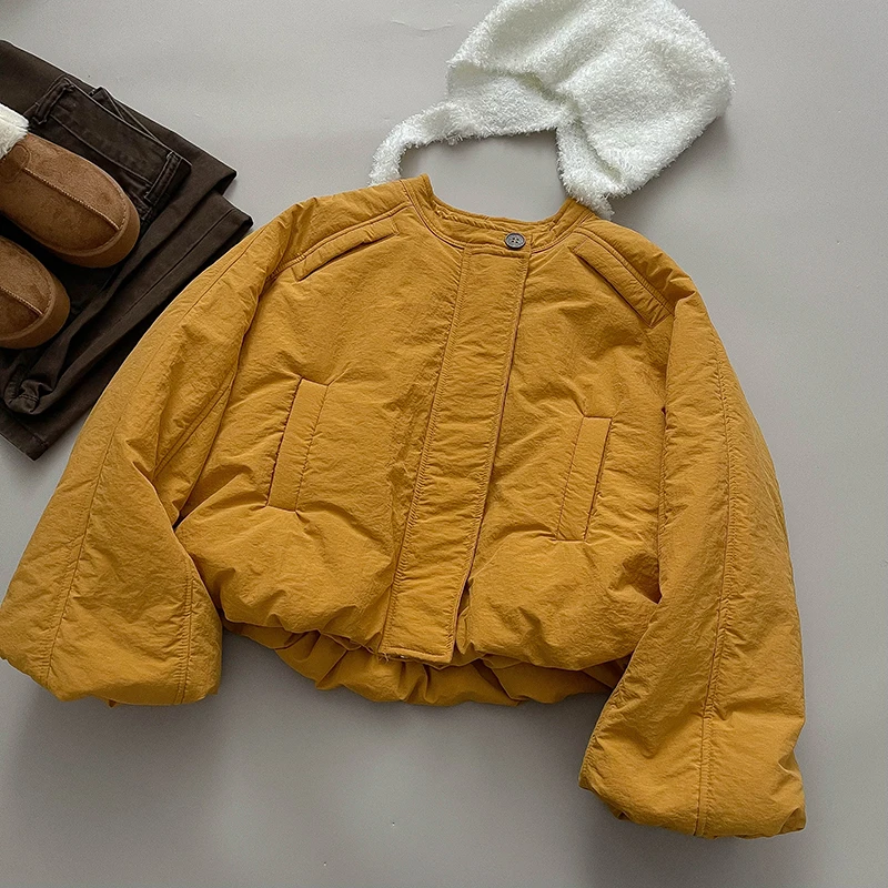 

Simple Solid Color Round Neck Women Winter Coat 2025 New Thicken Warm Long Sleeve Zipper Outerwear Versatile Loose Cotton Jacket