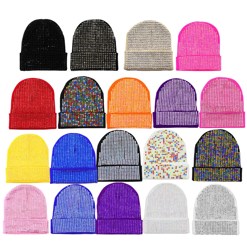 

New Diamond Inlaid Solid Color Brimless Bell Shaped Hat Handmade Woolen Hat Warm Sticky Diamond Knit Hat 4m857