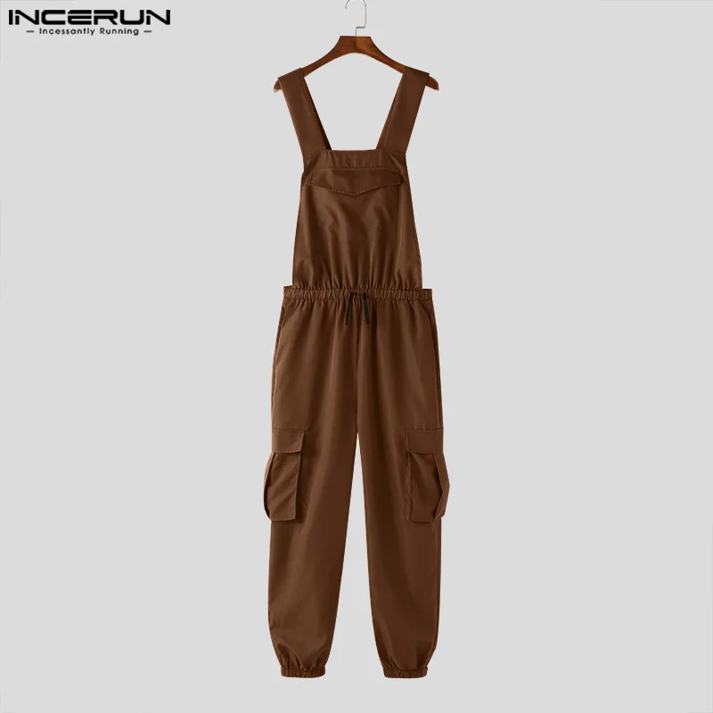 INCERUN 2024 Men Jumpsuits Solid Sleeveless Drawstring Loose Straps Rompers Streetwear Pockets Fashion Casual Cargo Overalls Men