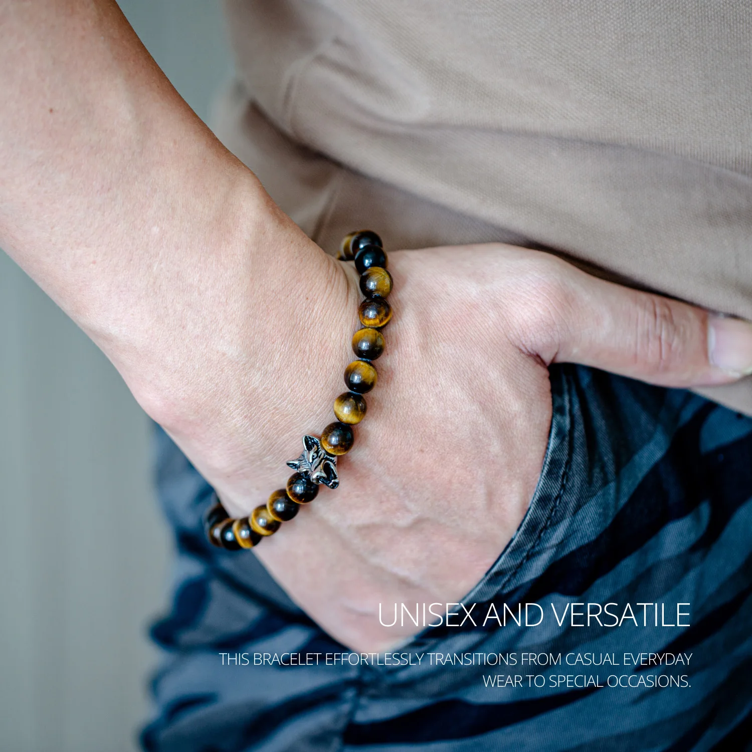 Natural Stone Tiger Eye Beaded Bracelet Wolf Head Gandcrafted Vacation Accessories Daily Wear Best Friend Gifts For Men Women