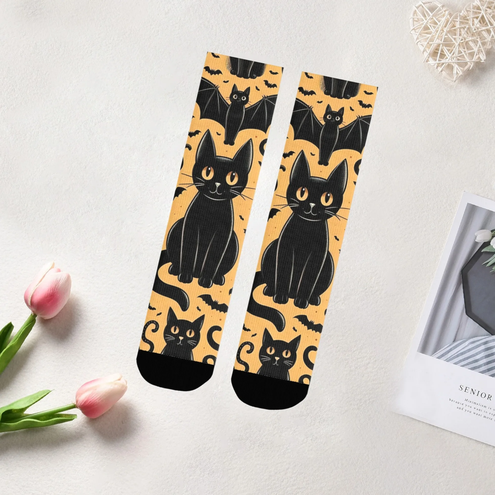 Modische Neuheit, niedliche Herren-Crew-Socken, Katzen- und Fledermaus-Druck, perfektes Geschenk für Freund, Ehemann, einzigartige Halloween-Socken im gruselige Stil