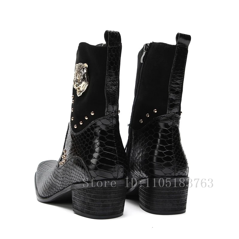 برشام جلد الثعبان الأسود تشيلسي حذاء من الجلد للرجال جلد طبيعي المعادن ديكور أحذية رجالي عالية الجودة أحذية عمل الخريف الأحذية
