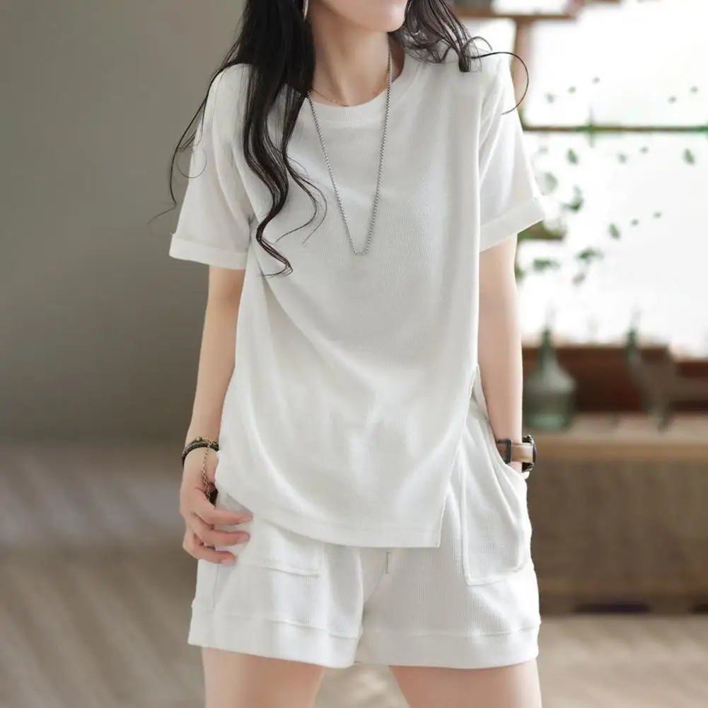 

2pcs/set Summer Women Shirt Shorts Set Solid Color Dress-up Loose Outfit Simple Style Women Top Shorts Suit With Pocket