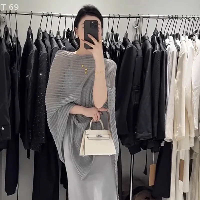 European Romance Summer Solid color top jacket sunscreen suit New Hollow Knitted Bat Sleeve Cape Sun Protection Blouse For Women
