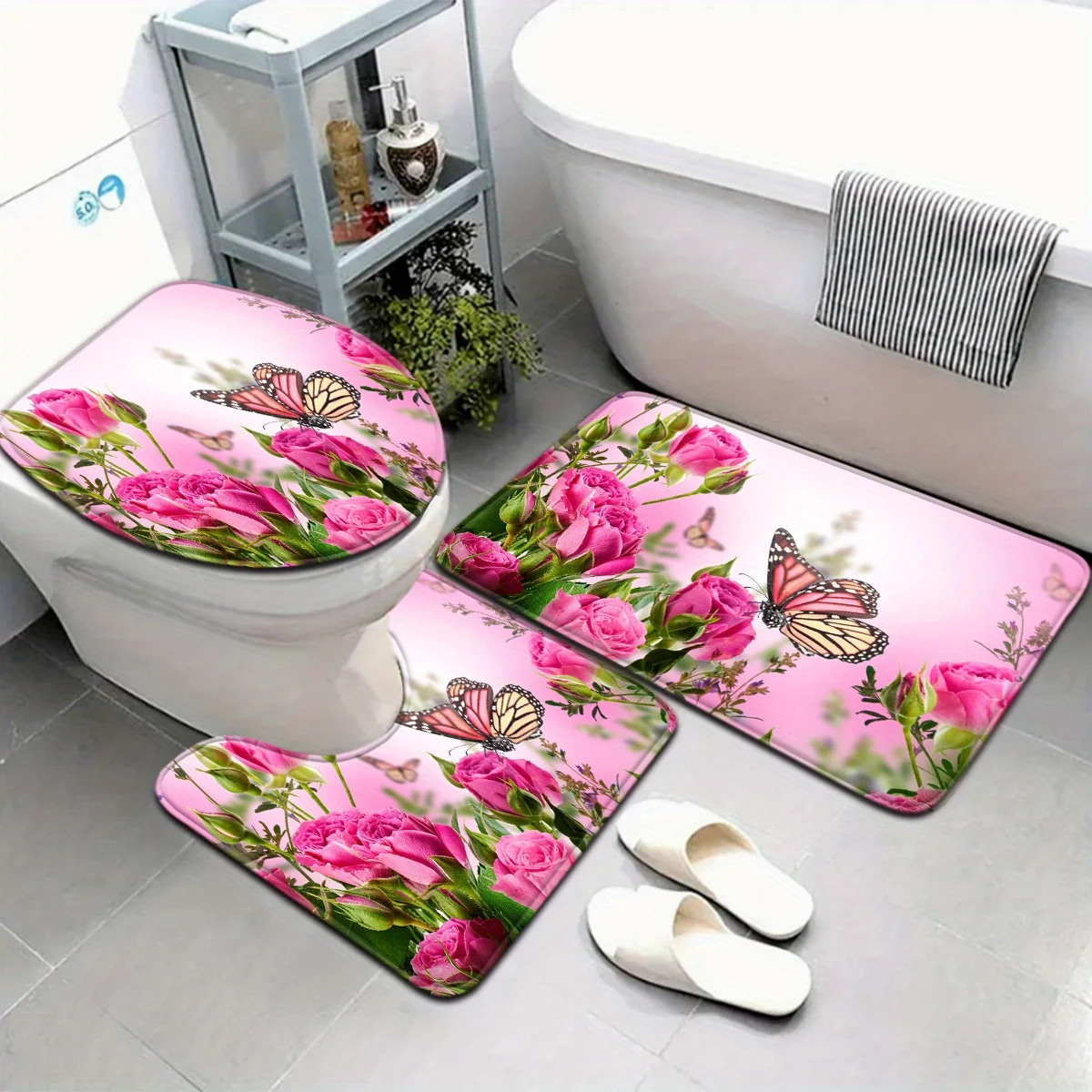 

Pink Roses Butterfly Floral Bath Mat Set Toilet Seat Cover Rug Slippers Home Decor Bathroom Accessories