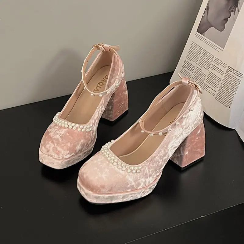 

NEW Chinese Style Women Shoes 2024 Spring Summer Mary Jane Shoes Womens Vintage Elegant Pearl High Heels Ladies Sandals