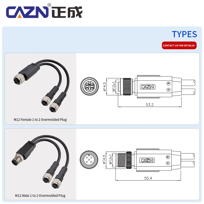 1 to 2 Way M12 Unshielded Splitter Cable Male to Female 2 3 4 5 6 8 12 17 Pin 1/2/5m PUR IP67 Waterproof for Sensor & Automation