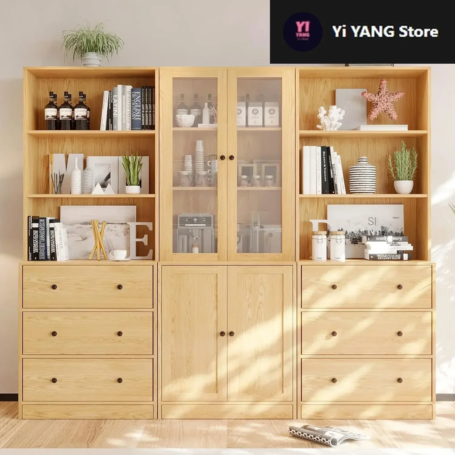 

Vertical File Cabinet, 3-Tier Modern Bookshelf with 3 Large Drawer, Wood Filing Cabinet with Open Storage Shelf, Glass Doors