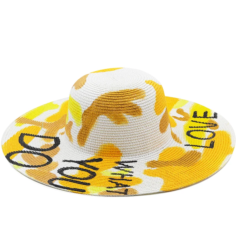 

DIY Logo Graffiti Foldable Wide Brim Floppy Girls Straw Hat Sun Hat Beach Women Summer Hat UV Protect Travel Cap Lady Cap Female