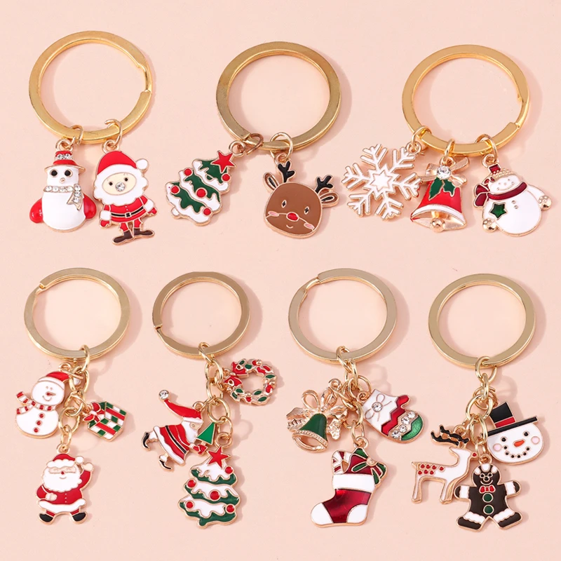 Cute Enamel Christmas Santa Claus Keychain Snowman Key Ring Pendants for Key Holder Handbag Accessories DIY X'mas Jewelry Gift