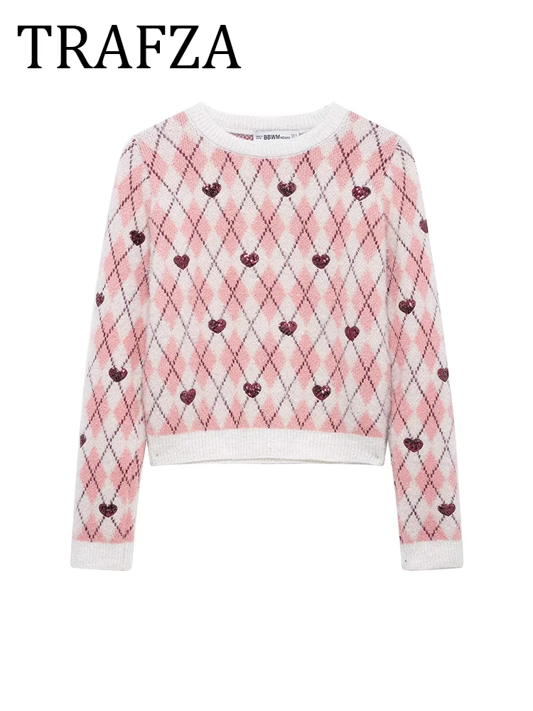 

TRAFZA Women's Heart Jacquard Knit Sweater 2025 Spring Long Sleeves Knitwear Vintage Woman Pink Knit Pollovers Elegant Female