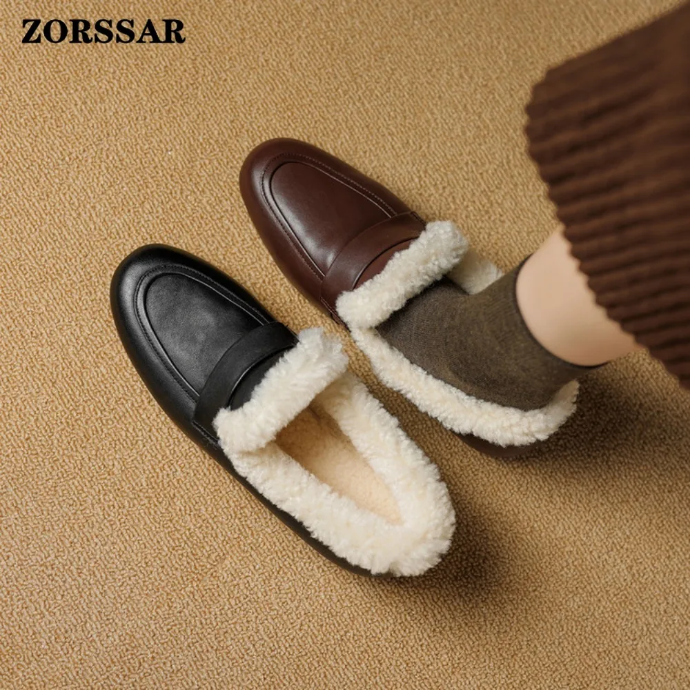 

Winter Flat Shoes Woman 2025 New Plush Lining Warm Women Snow Shoes Genuine Leather Comfortable Casual Female Winter Loafers