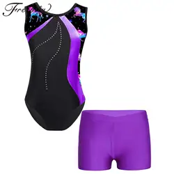 Kids Sleeveless Ballet Tutu Gymnastics Leotard + Shorts Printed Dancewear Sets for Girls Children Skating Jumpsuit Yoga Bodysuit