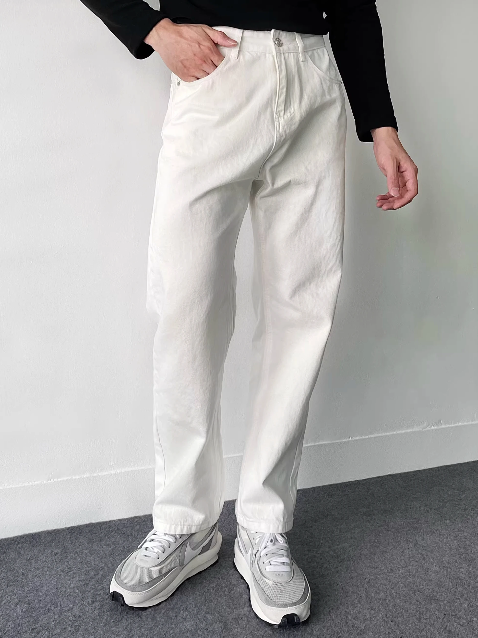 

Casual Straight Leg Men's Jeans Slimming Long Pants Faionable Bla White Spring Autumn Korean Sle Cotton Stretch Trousers