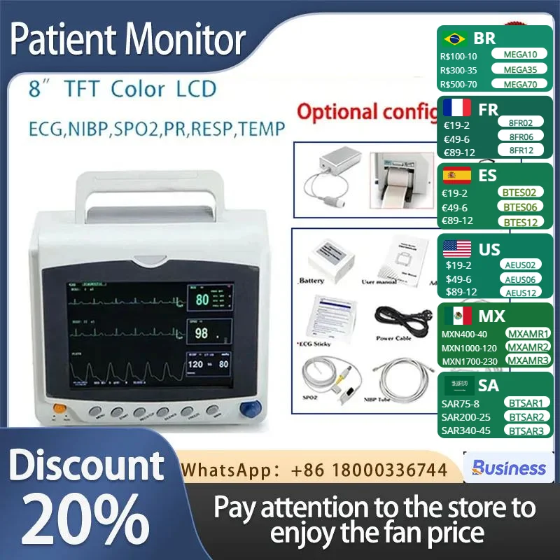 

CONTEC CMS6000C Adult Child Neonate Vet Portable 6 Parameter Patient Monitor vital signs monitor ECG NIBP RESP SPO2 PR TEMP