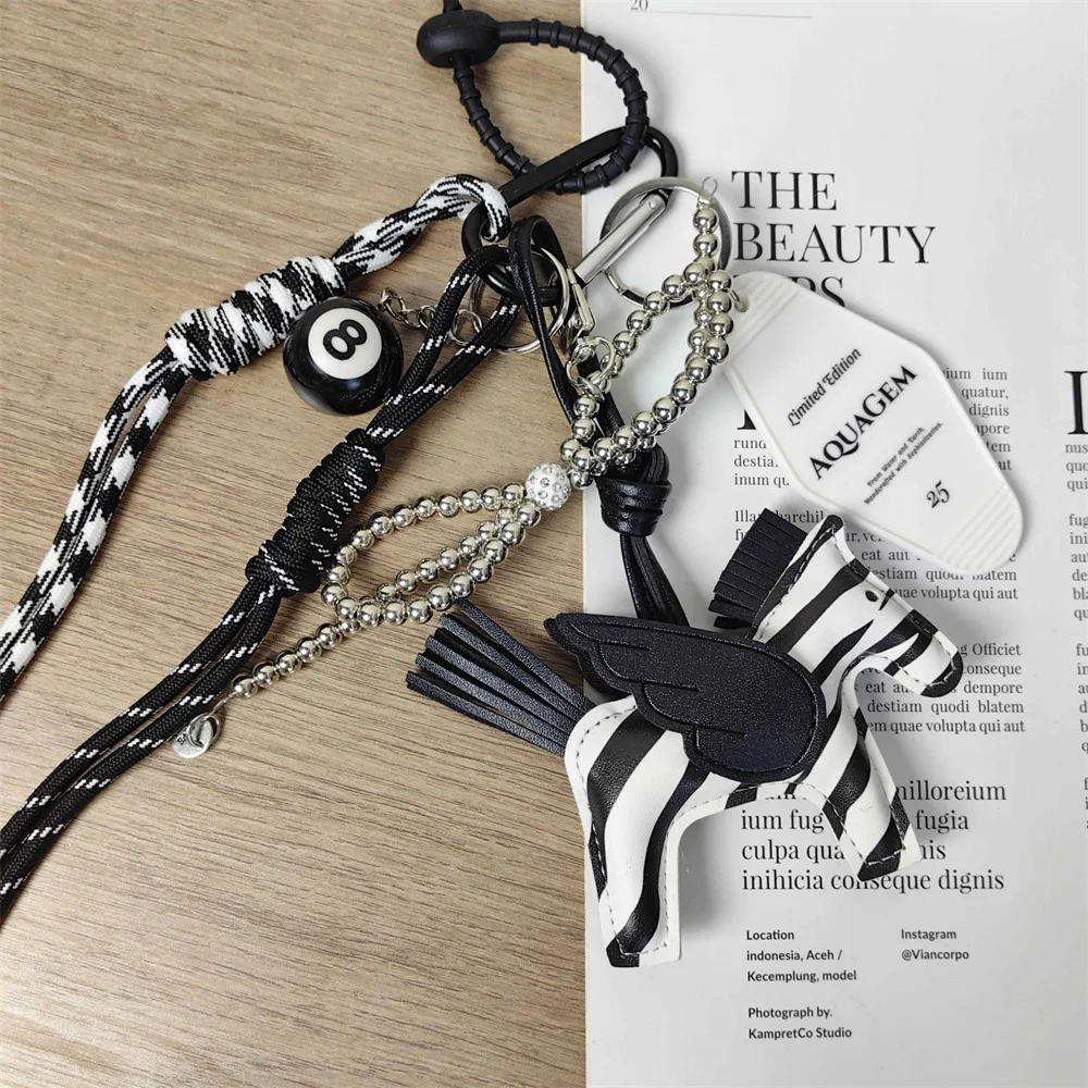 Miu Style Woven Bag Pendant Charms Zebra Leather Pendant Silver Pearl Bow Keychain Handbags Charms Accessories Decoration