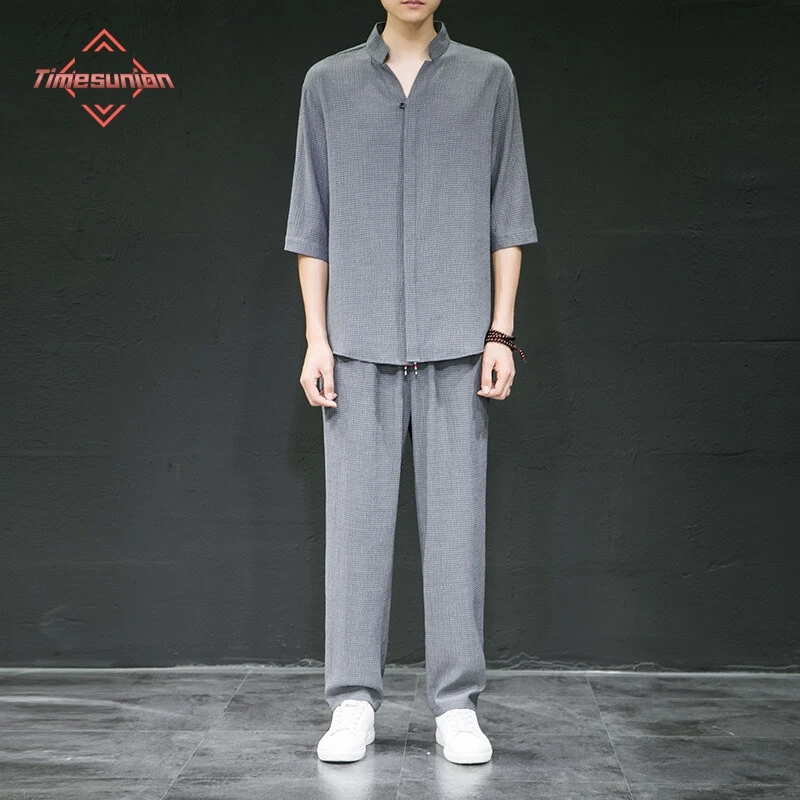 

Vintage Button Tops Mens Two Piece Set Summer Casual Shirt and Pants Suits Outfit for Men Solid Color Tracksuit Man Clothing