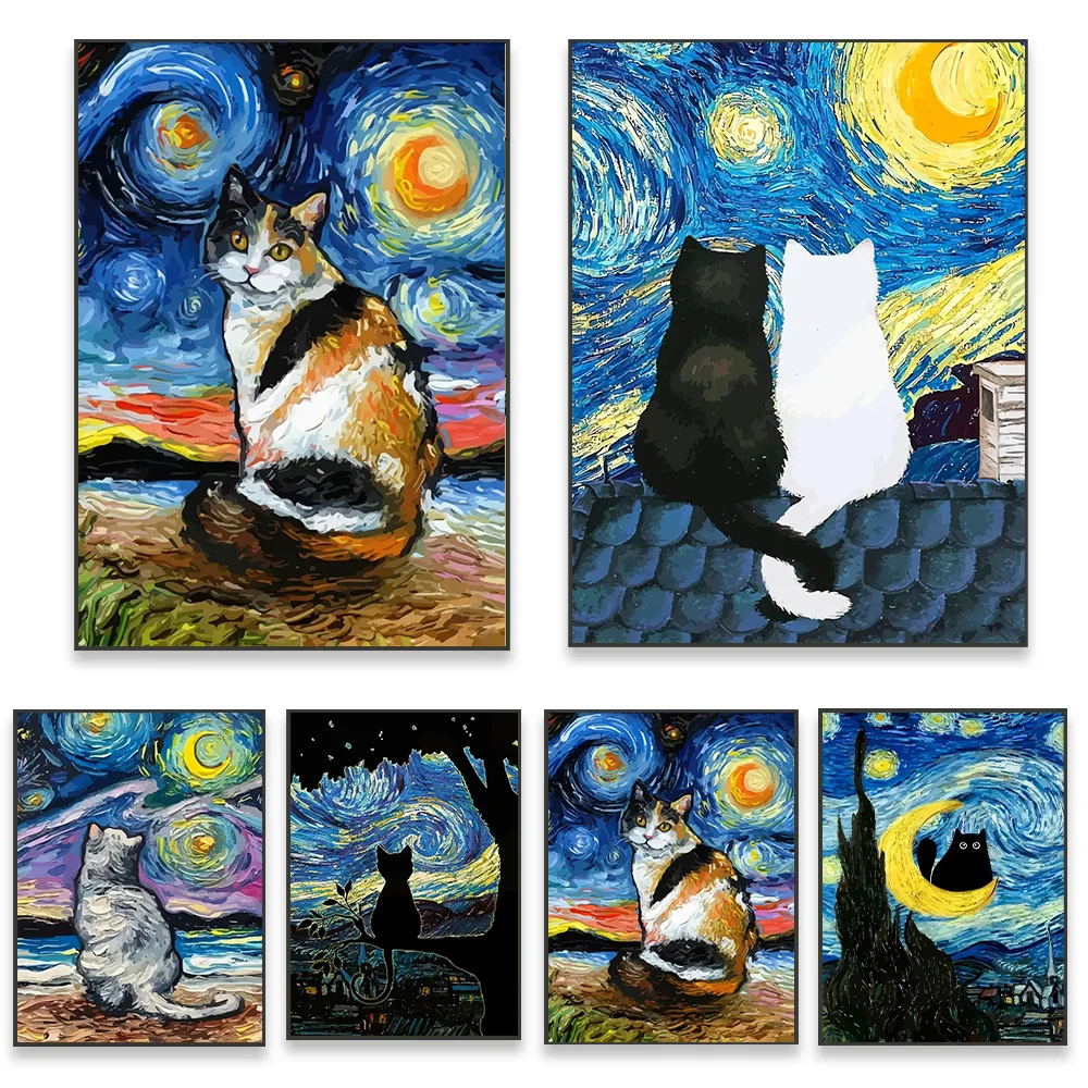 

Starry Night Black Cat Funny Art Posters and Prints Modern Animals Canvas Painting Abstract Oil Picture Kids Room Home Decor