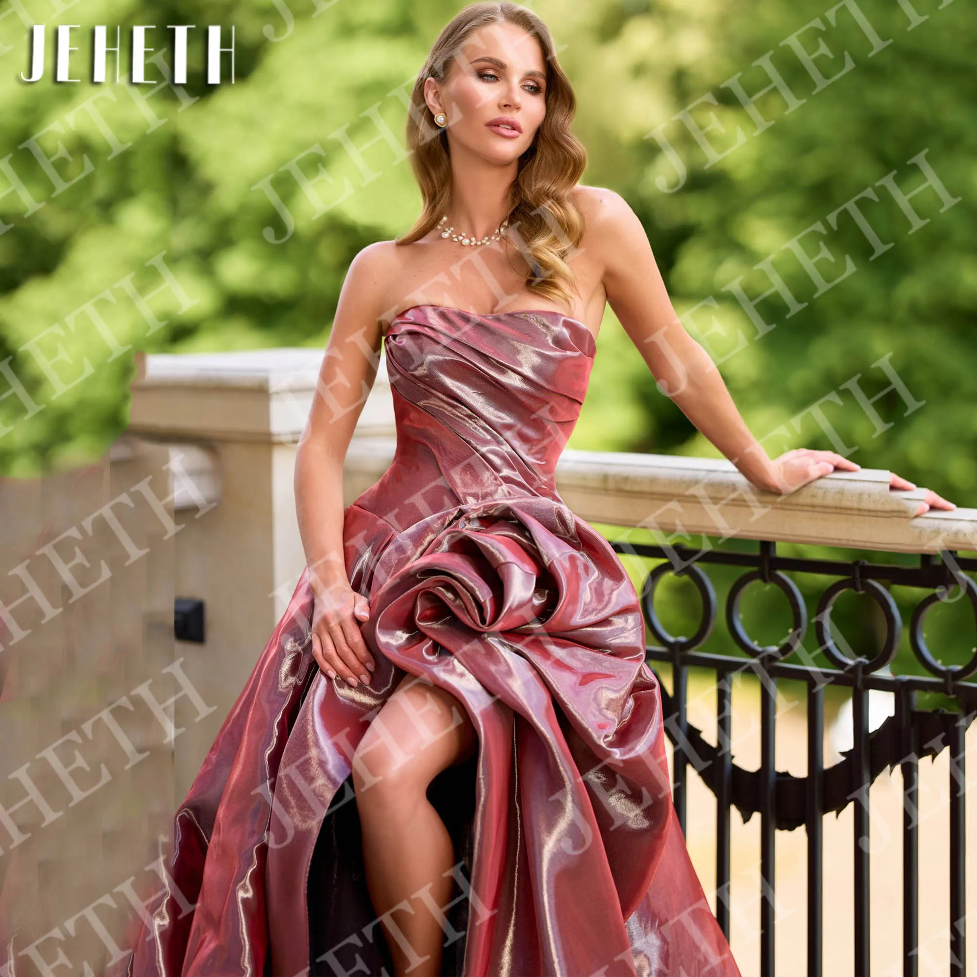 JEHETH Prom Dresses Strapless Arabic Woman Burgundy Satin High Slit Formal Evening Dress Sleeveless Customized فستان سهرة نسائي
