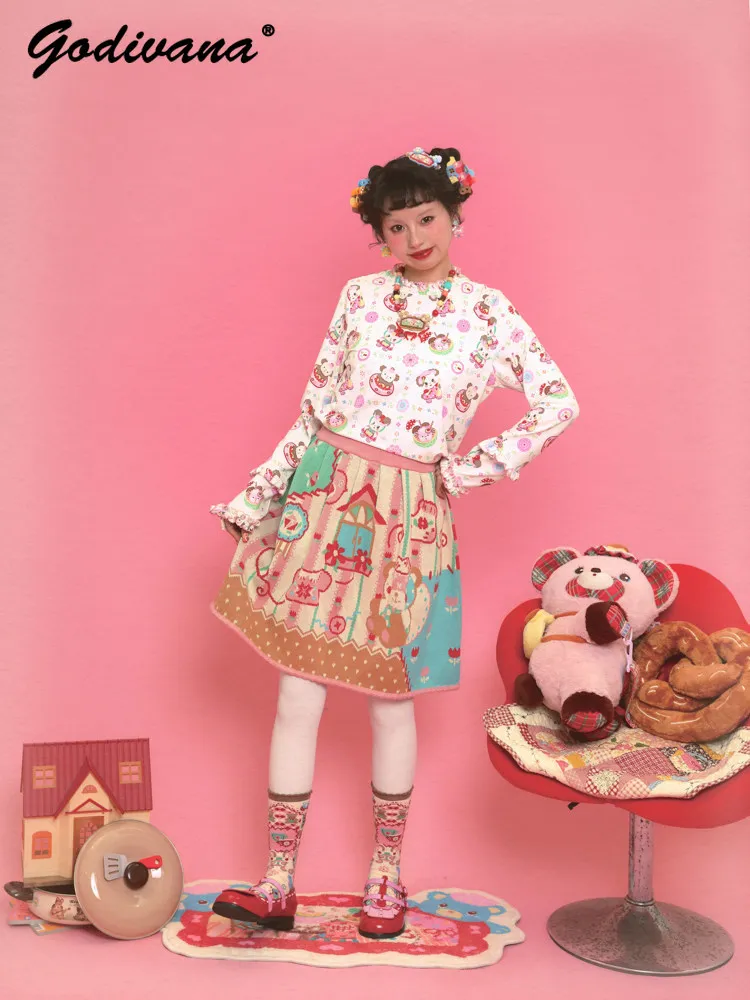 Retro Cartoon Bear Casual Daily Double-sided Knitting Skirt Girl Women's Autumn and Winter Knit Short Skirts