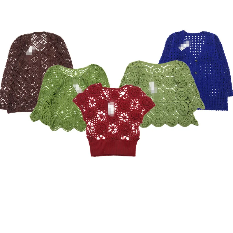 

Винтажный двухслойный ажурный однотонный роскошный вязаный свитер ручной работы с цветочным принтом для женщин, лето 2024, другой материал