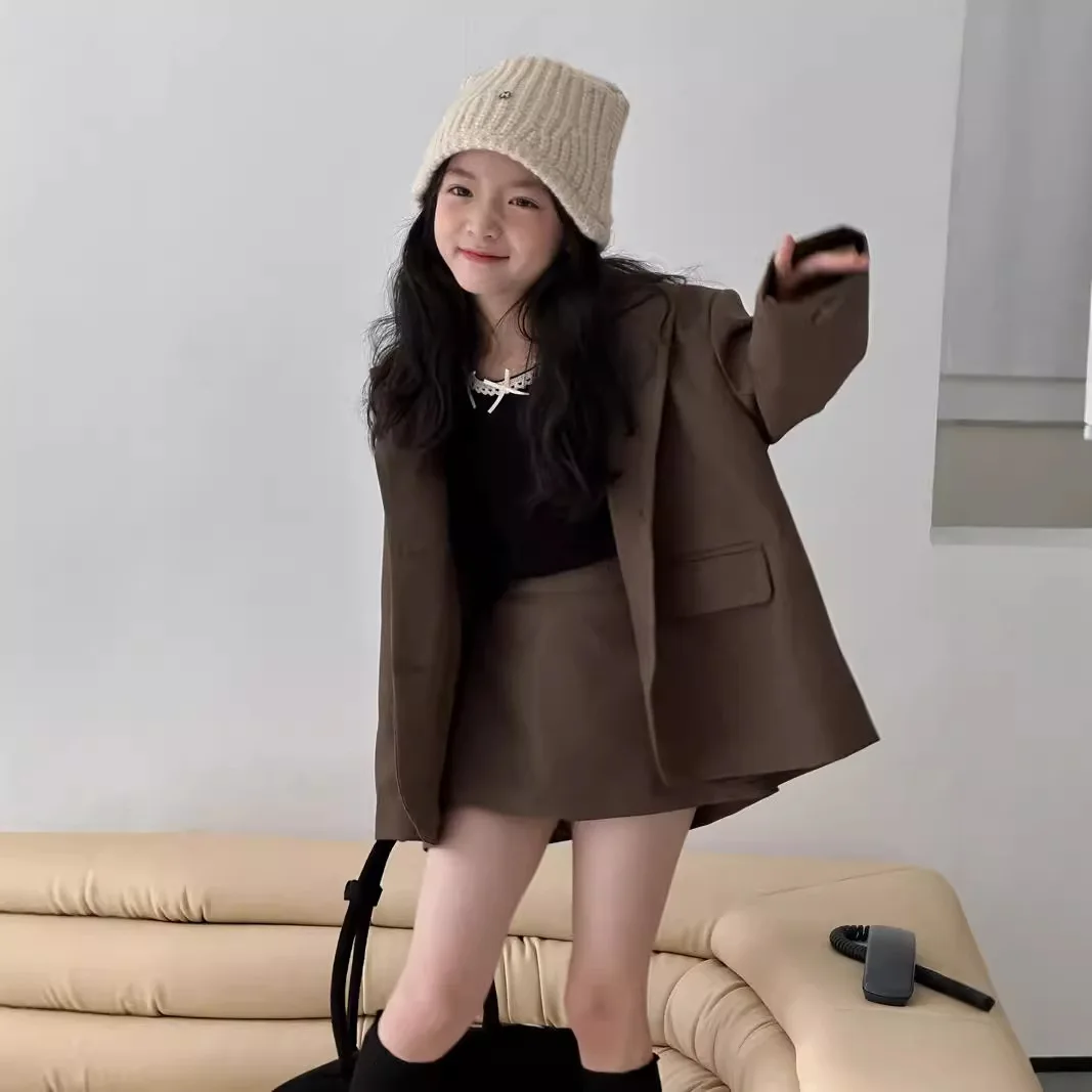 Childrens Sets Autumn Girl Easy Loose Coat Skirt Shorts Two Pieces Fashionable Suit Trend 2026 Simple Clothing Solid