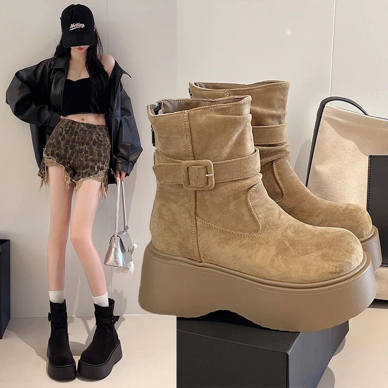 

2025 New Winter Fashion Platform Heels Women Ankle Boots Keep Warm Height Increase Short Boots Shoes Женские Ботинки