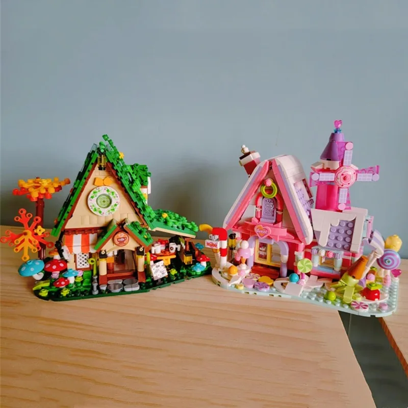 

Fairy tale cafe street view building blocks dreamy candy house building model kawaii shop miniature scene hand-made toys