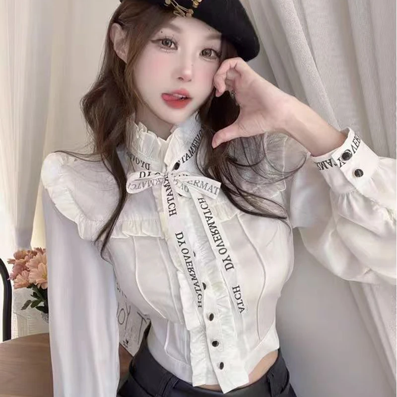 Spring New Stand Collar Women Blouse Letter Butterfly Satin Surface Ruffles Patchwork Solid Color Long Sleeved All-match Shirt