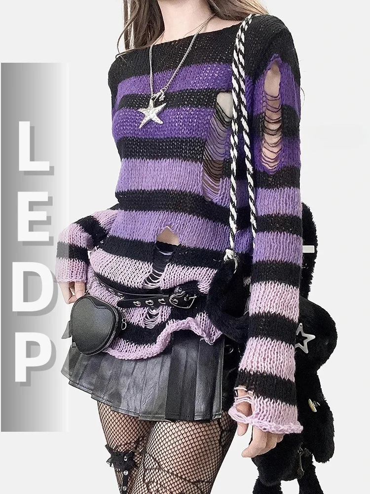 IMU Gradient Striped Ripped Sweater Alt Punk Long Sleeve Extra-long Torn Knit Pullover Top Y2k Retro Autumn Women Clothes