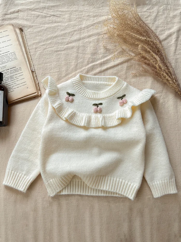 

2024 Fashion New Style Baby Knitted Sweater Girls Long Sleeves Lace Cherry Sweater Autumn Tops 1 To 3 Years Soft Clothes